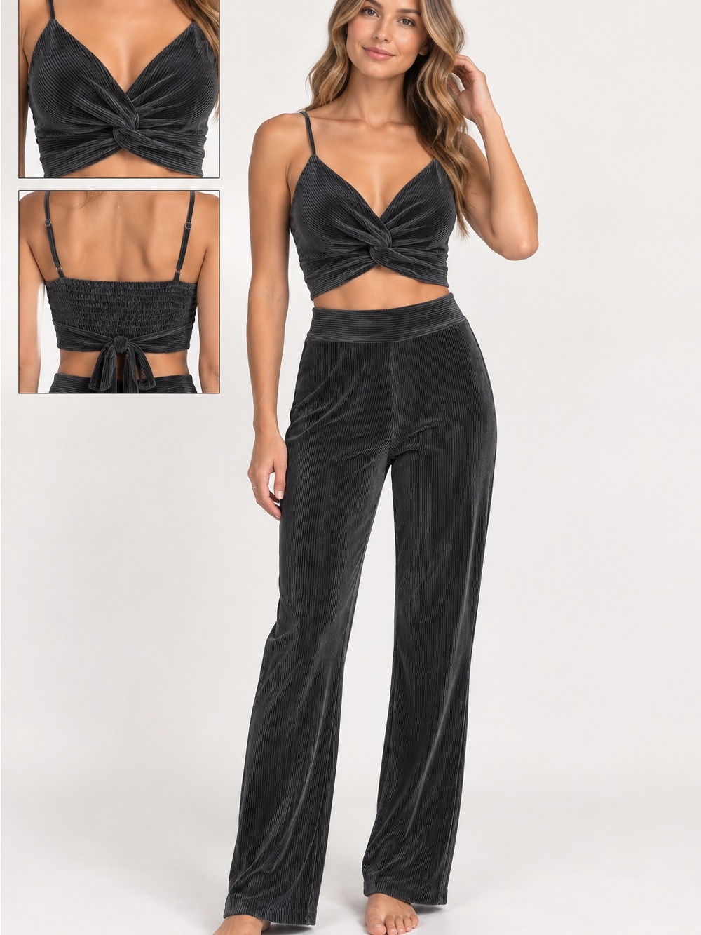 RO & DE Co-Ord Collection Black Plissé Pleated 2-Piece Set: Cami Sz S NWT